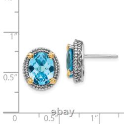 925 Sterling Silver 14K Vintage Oval Swiss Blue Topaz Stud Earrings