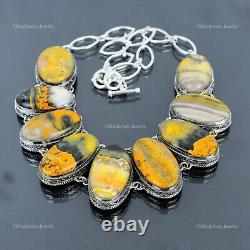 925 Sterling Silver Bumble Bee Jasper Stone Vintage Anniversary Chain Necklace