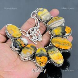 925 Sterling Silver Bumble Bee Jasper Stone Vintage Anniversary Chain Necklace