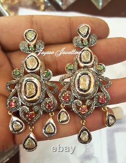 925 Sterling Silver Emerald, Ruby Gemstone With Rose Cut Polki Diamond Earring