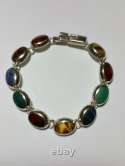 925 Sterling Silver MWS Mexico Vintage Multi Natural Gemstone Cabochon Bracelet