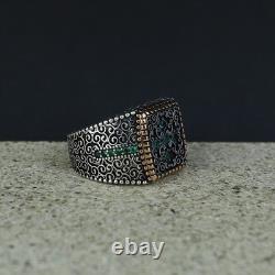 925 Sterling Silver Men Handmade Emerald Stone Engraved Handmade Ring