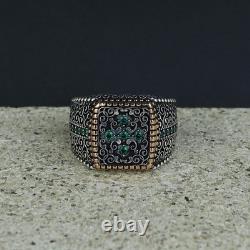 925 Sterling Silver Men Handmade Emerald Stone Engraved Handmade Ring