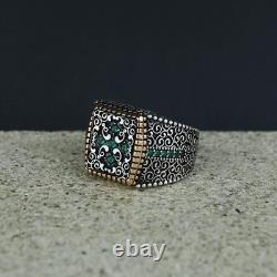 925 Sterling Silver Men Handmade Emerald Stone Engraved Handmade Ring