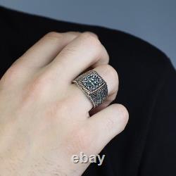 925 Sterling Silver Men Handmade Emerald Stone Engraved Handmade Ring