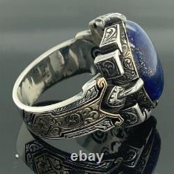 925 Sterling Silver Men Natural Lapis Lazuli Engraved Ring