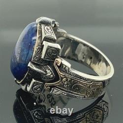 925 Sterling Silver Men Natural Lapis Lazuli Engraved Ring