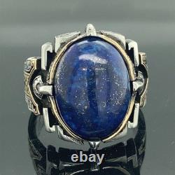 925 Sterling Silver Men Natural Lapis Lazuli Engraved Ring