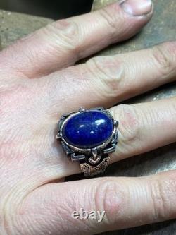 925 Sterling Silver Men Natural Lapis Lazuli Engraved Ring
