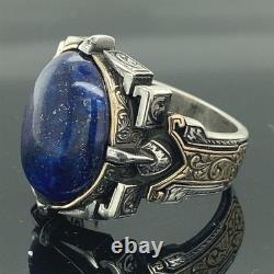 925 Sterling Silver Men Natural Lapis Lazuli Engraved Ring