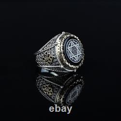 925 Sterling Silver Onyx Stone Silver Seal Of King Solomon Signet Ring