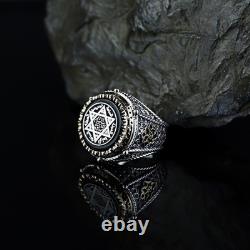 925 Sterling Silver Onyx Stone Silver Seal Of King Solomon Signet Ring