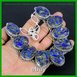 925 Sterling Silver Oval Copper Sodalite Gemstone Vintage Chain Necklace Jewelry