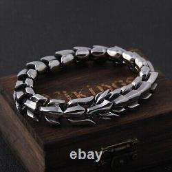 925 Sterling Silver Viking Ouroboros Vintage Punk Bracelet with Wooden Box 12MM