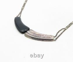925 Sterling Silver Vintage Black Onyx Fluted Dark Tone Chain Necklace- NE1702