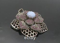 925 Sterling Silver Vintage Blue Agate & Pink Topaz Flower Pendant PT7833