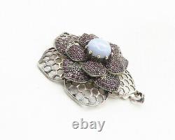 925 Sterling Silver Vintage Blue Agate & Pink Topaz Flower Pendant PT7833