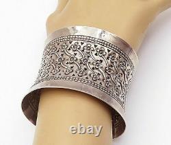 925 Sterling Silver Vintage Dark Toned Flower Patterned Cuff Bracelet B7260