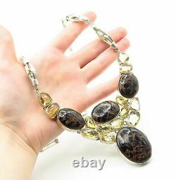 925 Sterling Silver Vintage Jasper & Yellow Topaz Large Chain Necklace N2975