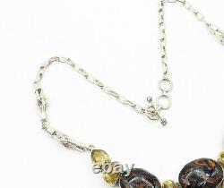 925 Sterling Silver Vintage Jasper & Yellow Topaz Large Chain Necklace N2975