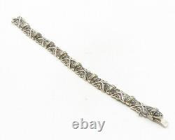 925 Sterling Silver Vintage Marcasite Decorated Hinge Chain Bracelet BT4262