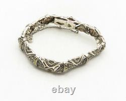 925 Sterling Silver Vintage Marcasite Decorated Hinge Chain Bracelet BT4262