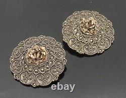 925 Sterling Silver Vintage Marcasite Heavy Non Pierce Earrings EG10138