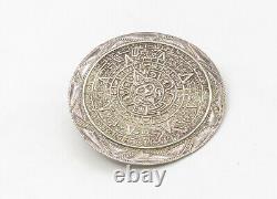 925 Sterling Silver Vintage Mayan Aztec Sun Calendar Shiny Brooch Pin BP8386