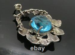 925 Sterling Silver Vintage Modernist Blue Topaz Sculpted Pendant PT6618