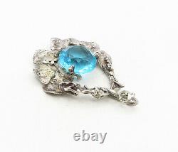 925 Sterling Silver Vintage Modernist Blue Topaz Sculpted Pendant PT6618