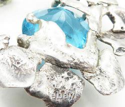 925 Sterling Silver Vintage Modernist Blue Topaz Sculpted Pendant PT6618