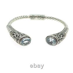 925 Sterling Silver Vintage Real Blue Topaz Ornate Cable Cuff Bracelet 6.75