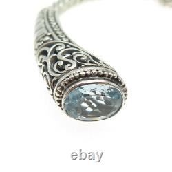 925 Sterling Silver Vintage Real Blue Topaz Ornate Cable Cuff Bracelet 6.75