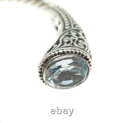 925 Sterling Silver Vintage Real Blue Topaz Ornate Cable Cuff Bracelet 6.75