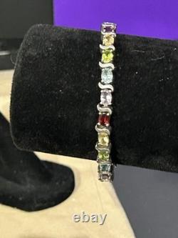 925 Sterling Silver Vintage Tennis Bracelet Rainbow Colored Oval Topaz