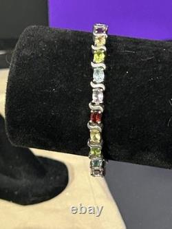 925 Sterling Silver Vintage Tennis Bracelet Rainbow Colored Oval Topaz