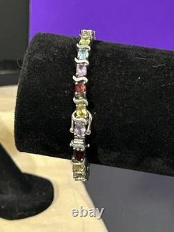 925 Sterling Silver Vintage Tennis Bracelet Rainbow Colored Oval Topaz