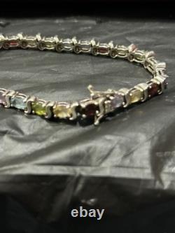 925 Sterling Silver Vintage Tennis Bracelet Rainbow Colored Oval Topaz