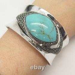 925 Sterling Silver Vintage Turquoise & Marcasite Gem Wide Cuff Bracelet 6 3/4