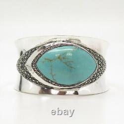 925 Sterling Silver Vintage Turquoise & Marcasite Gem Wide Cuff Bracelet 6 3/4