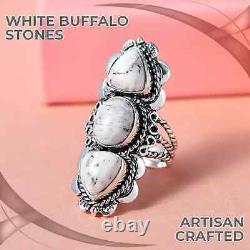 925 Sterling Silver White Buffalo 3 Stone Ring Jewelry for Women Ct 6.9 Gifts