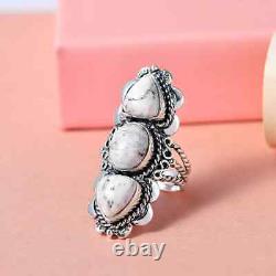 925 Sterling Silver White Buffalo 3 Stone Ring Jewelry for Women Ct 6.9 Gifts