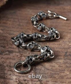 925 sterling silver handmade heavy biker punk retro solid skulls couple bracelet