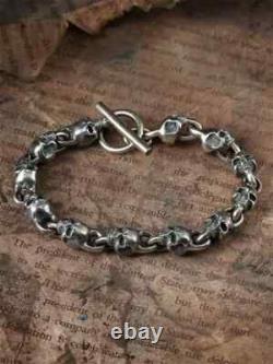 925 sterling silver handmade heavy biker punk retro solid skulls couple bracelet