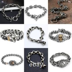 925 sterling silver handmade heavy biker punk retro solid skulls couple bracelet