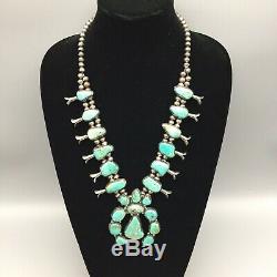 A GORGEOUS, Vintage, Green Turquoise and Sterling Silver Squash Blossom Necklace