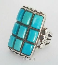 A+ VINTAGE ZUNI STERLING SILVER TURQUOISE COBBLESTONE INLAY MEN'S RING size 9