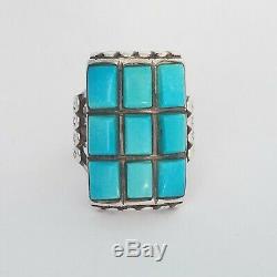 A+ VINTAGE ZUNI STERLING SILVER TURQUOISE COBBLESTONE INLAY MEN'S RING size 9