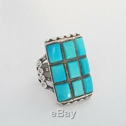 A+ VINTAGE ZUNI STERLING SILVER TURQUOISE COBBLESTONE INLAY MEN'S RING size 9