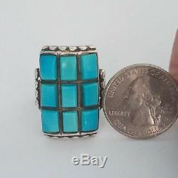 A+ VINTAGE ZUNI STERLING SILVER TURQUOISE COBBLESTONE INLAY MEN'S RING size 9